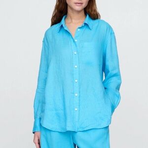 Gap Bright Blue 100% Linen Button Down Long Sleeve Oversized Shirt